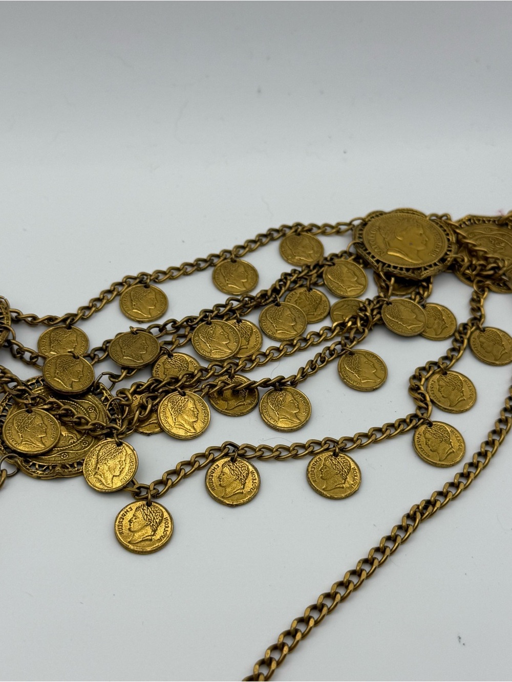 Vtg Napoleon Lion Coin Statement Couture Belt Gold Tone 39” Double Sided Coins - Picture 3 of 9